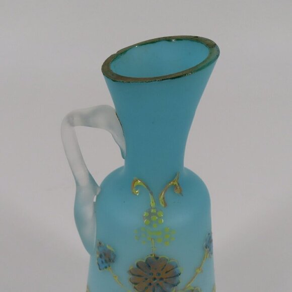 Antique Blue Satin Glass Gold Flower Floral Cruet Dressing Pitcher 6.9in Country - Picture 2 of 13